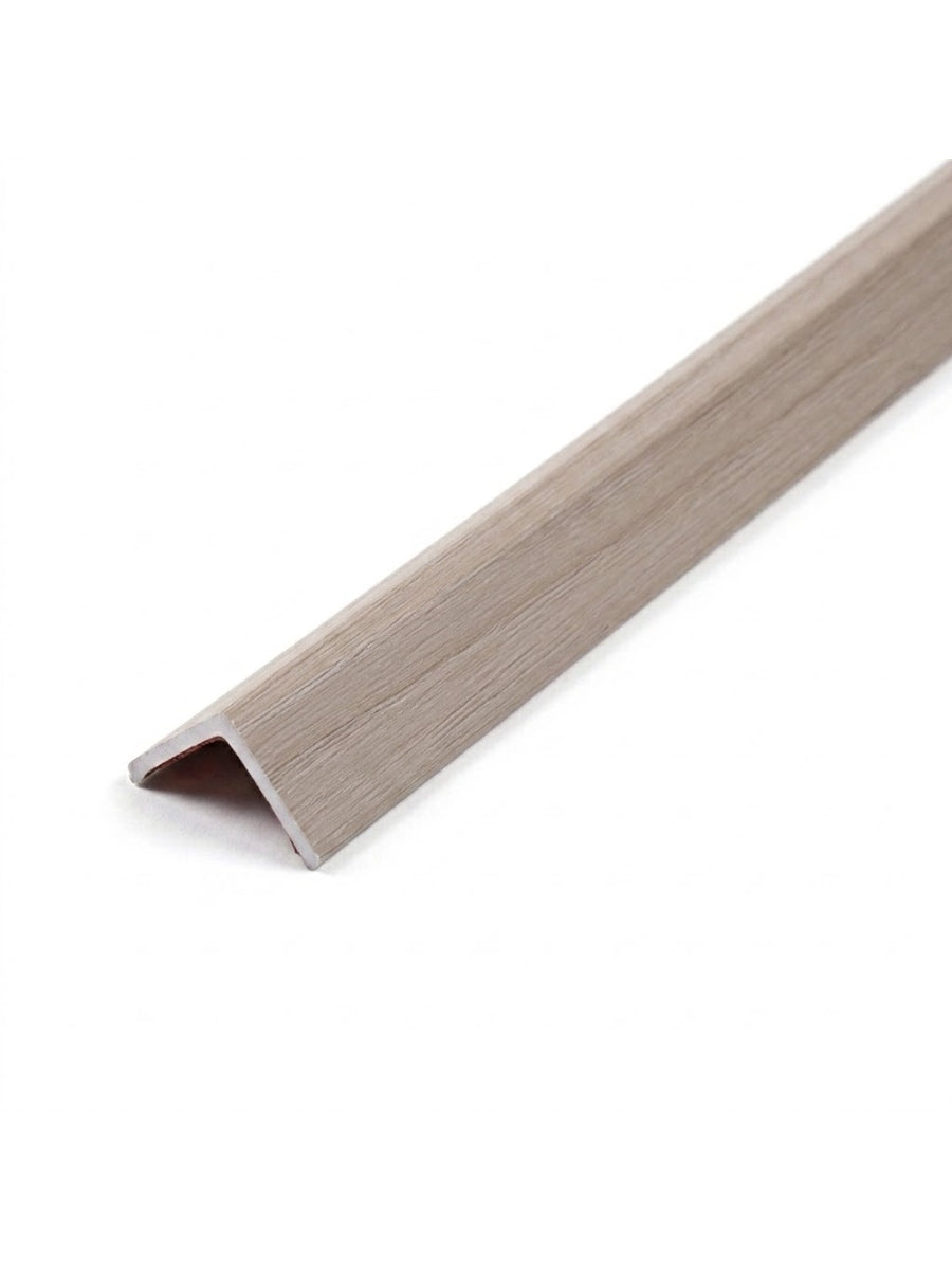 Light greige wood-look angled trim for acoustic and fluted wall panels