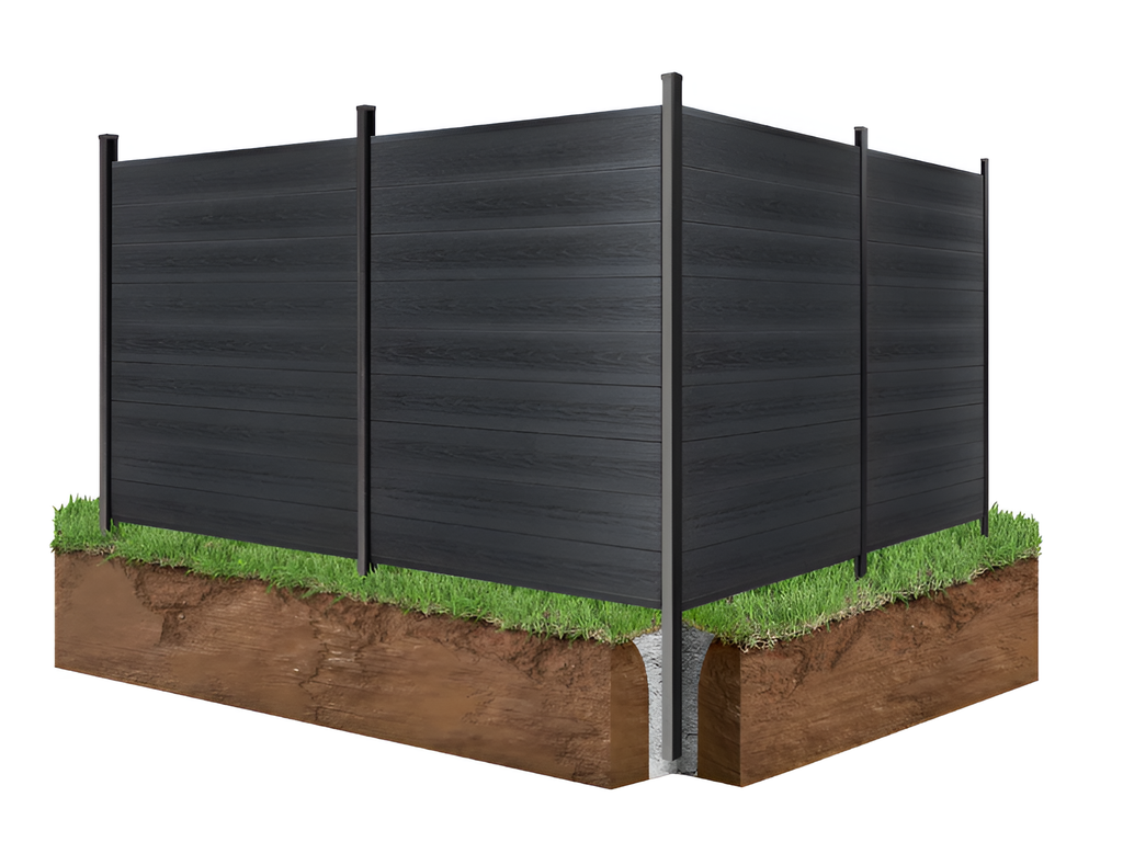 Corner installation of charcoal wood-grain composite privacy fence with black aluminum posts