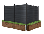 Corner installation of charcoal wood-grain composite privacy fence with black aluminum posts