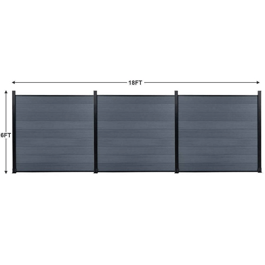Three light gray composite fence panels measuring 18 feet wide by 6 feet high overall