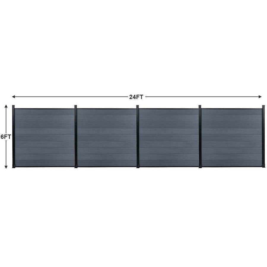 Four light gray composite fence panels measuring 24 feet wide by 6 feet high overall