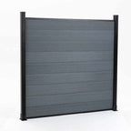 Angled front view of a light gray co-extrusion composite fence section with black posts