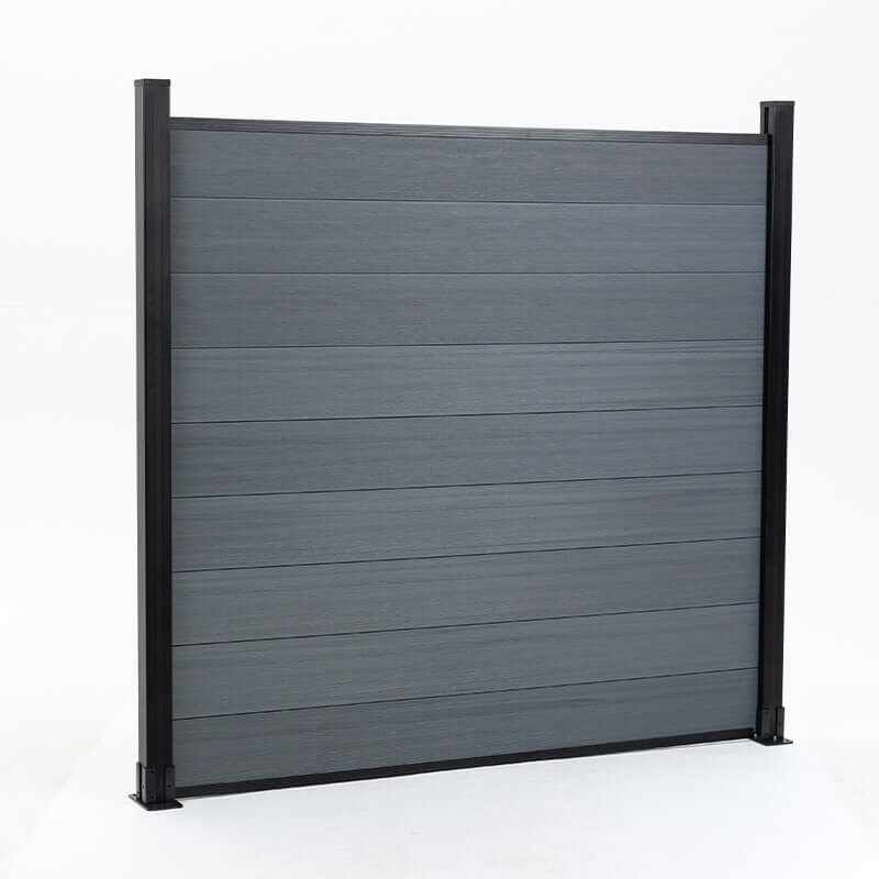 Angled front view of a light gray co-extrusion composite fence section with black posts