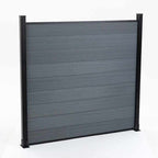 Light gray composite fence panel with horizontal wood-grain boards and black posts