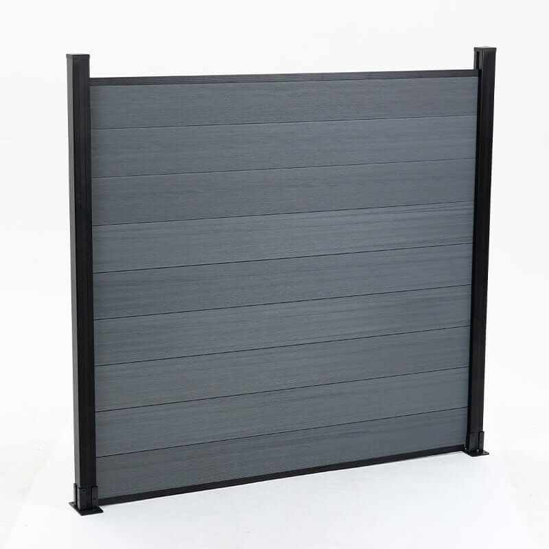 Light gray composite fence panel with horizontal wood-grain boards and black posts