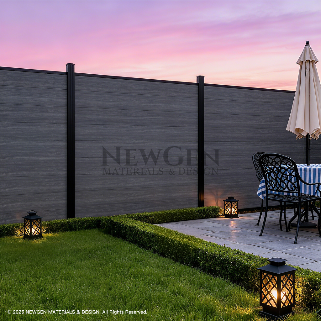 Light gray co-extrusion composite fence beside an outdoor dining patio at sunset