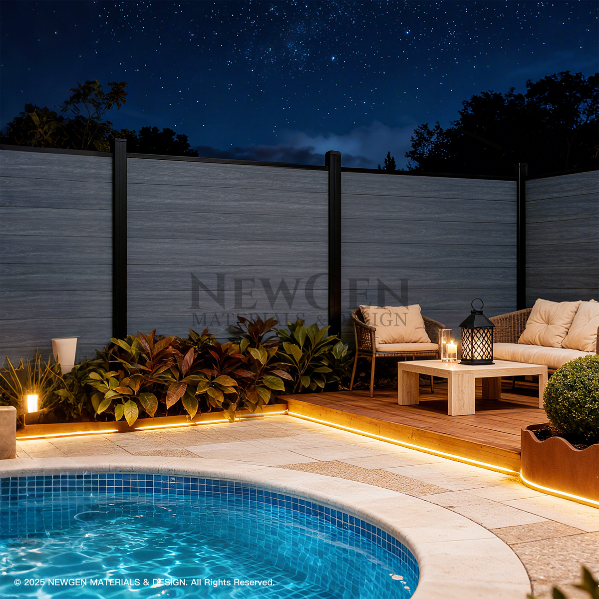 Light gray co-extrusion composite fence around an illuminated poolside patio at night