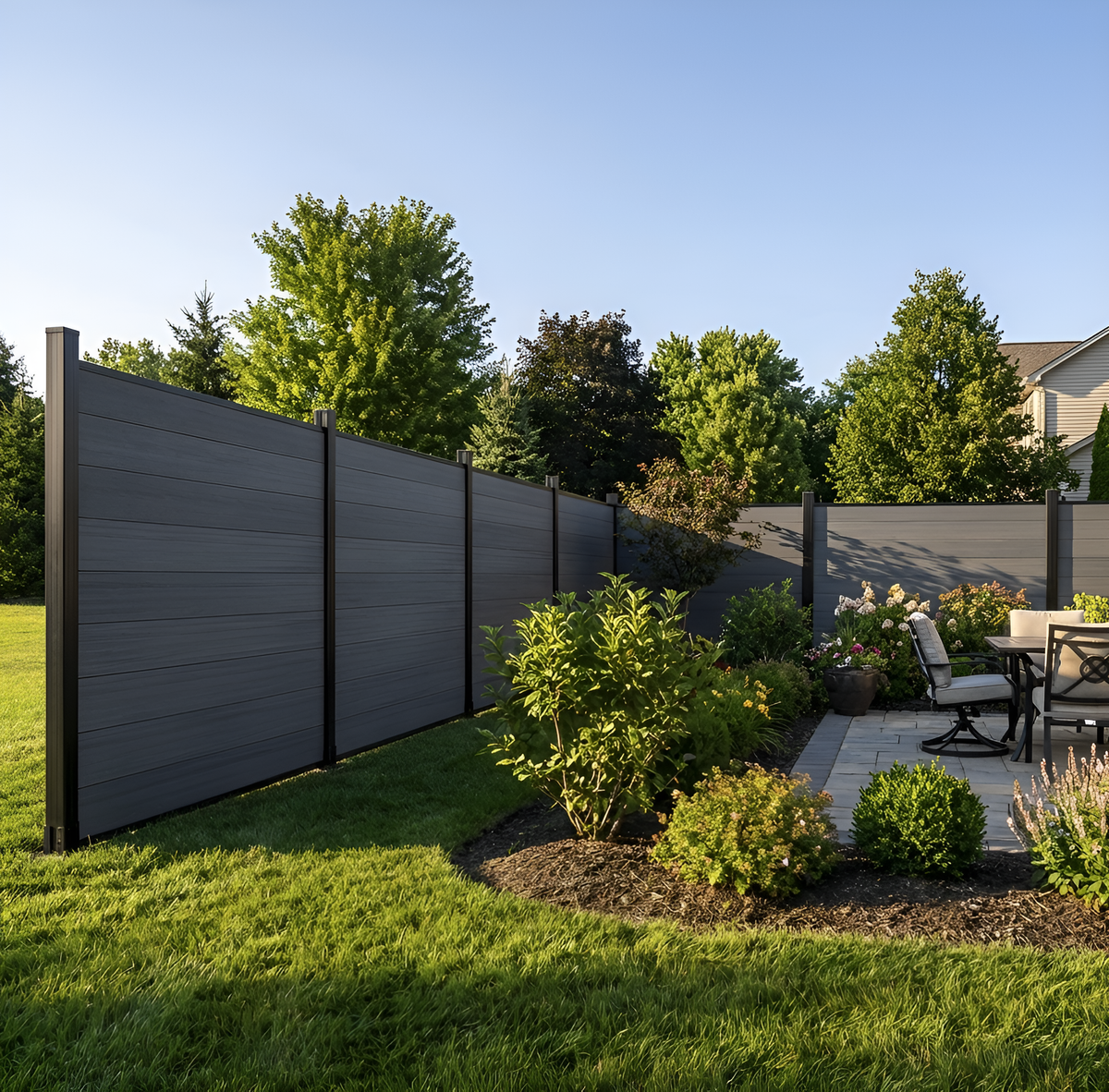 Light gray composite privacy fence with black posts beside a garden dining patio