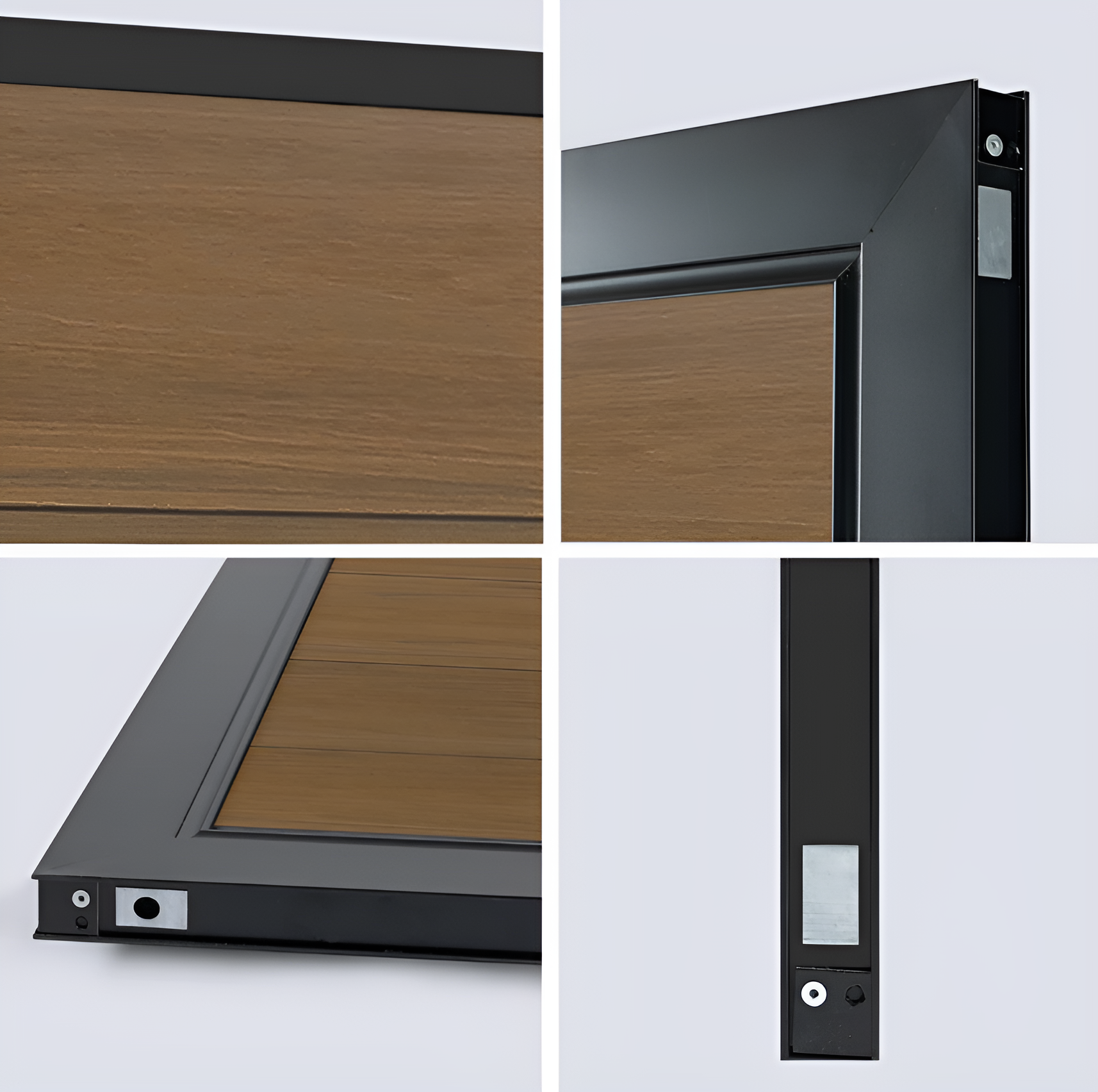 Composite fence gate aluminum frame detail with wood-look panels and locking hardware