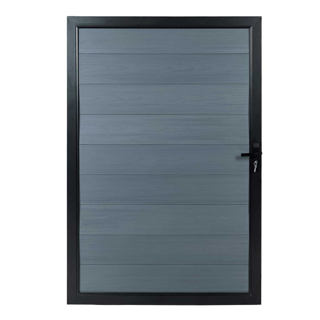 Blue and black horizontal wood plank gate with lock, showcasing durable composite fencing in New Jersey.