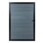 Blue and black horizontal wood plank gate with lock, showcasing durable composite fencing in New Jersey.