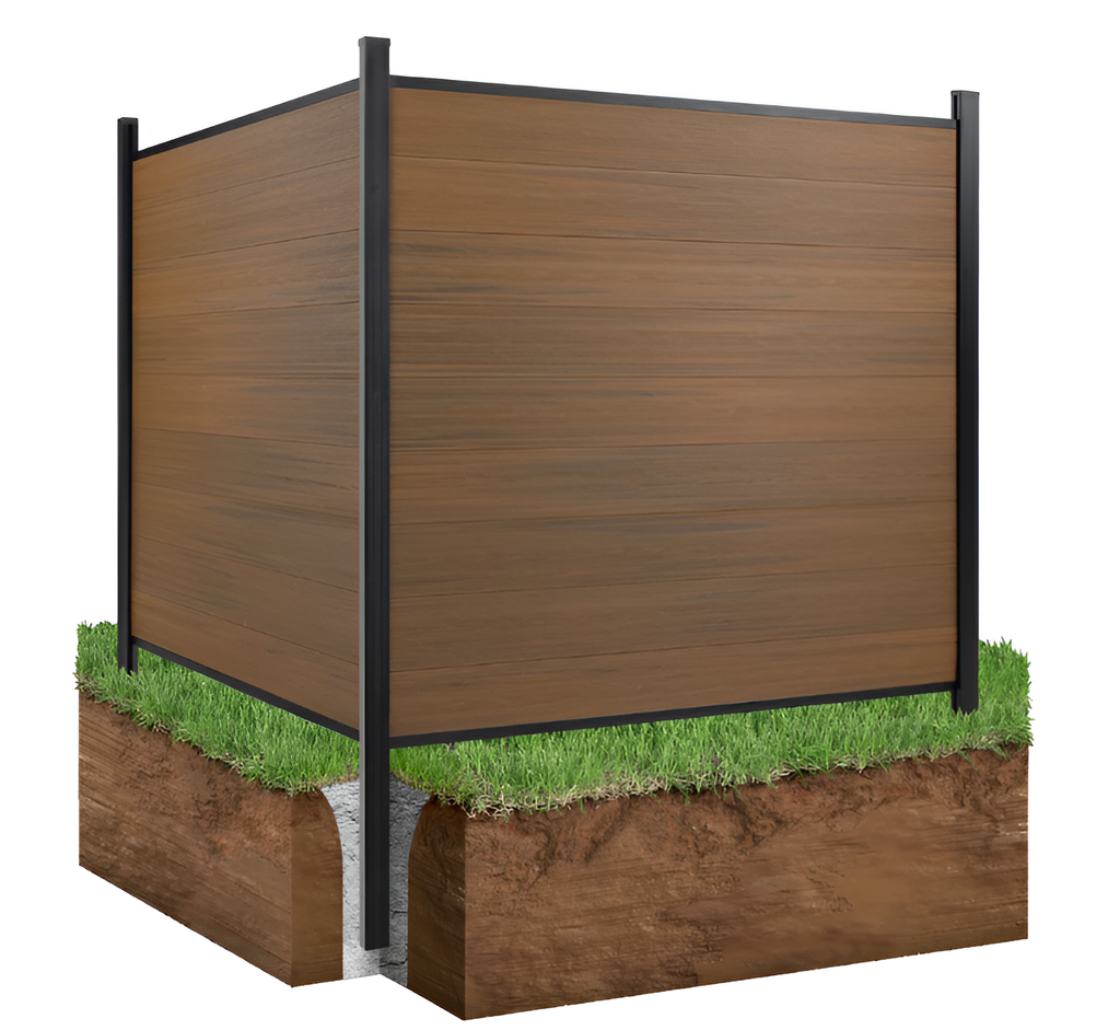 Corner view of wood-grain composite privacy fence with black aluminum posts installed in ground