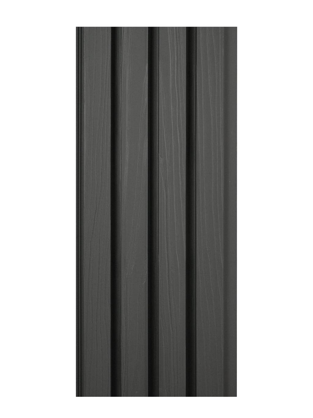 Dark gray composite wide exterior cladding with vertical wood grain texture