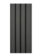 Dark gray composite wide exterior cladding with vertical wood grain texture