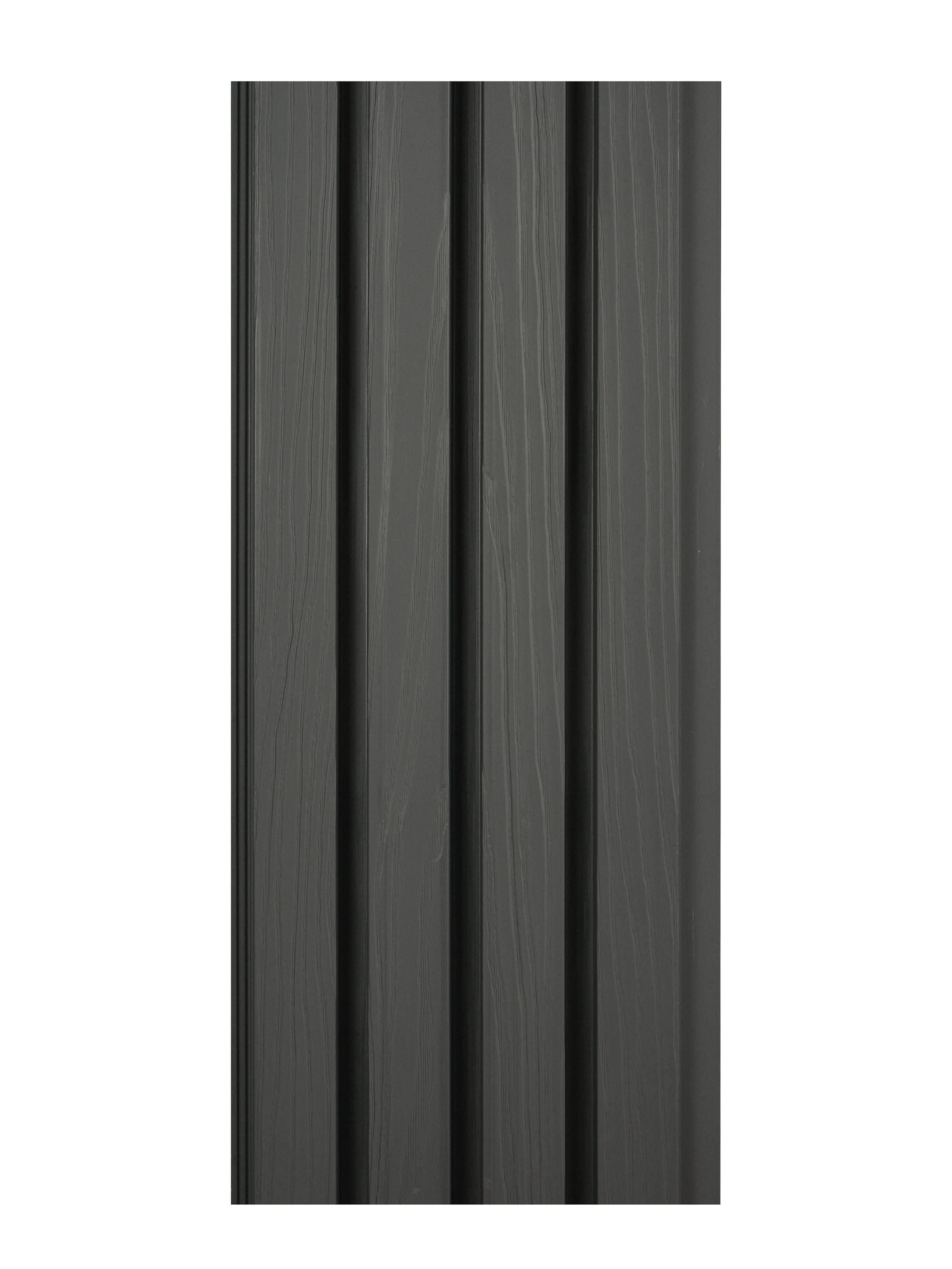 Dark gray composite wide exterior cladding with vertical wood grain texture