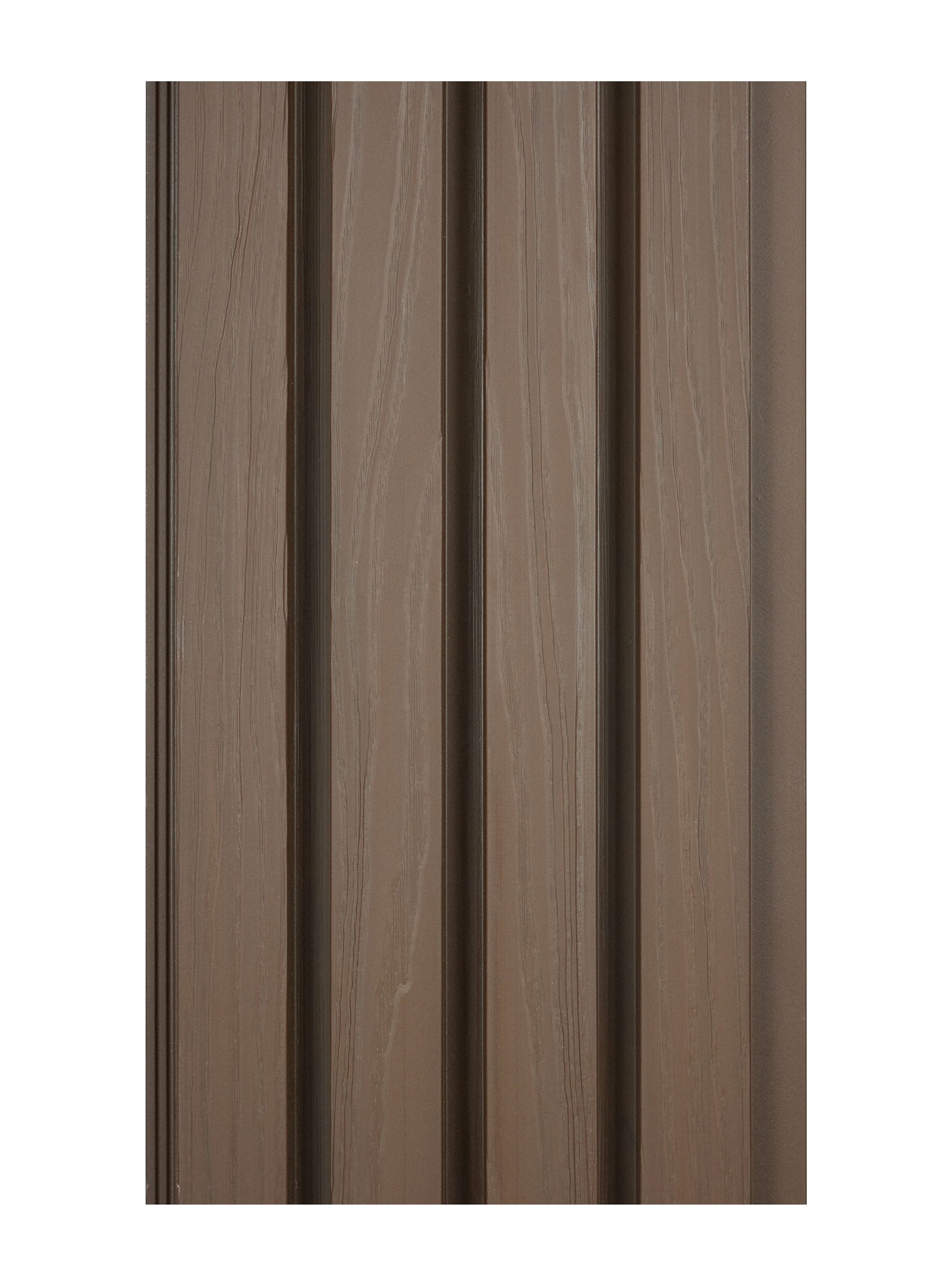 Brown WPC fluted wall panel with vertical wood grain texture