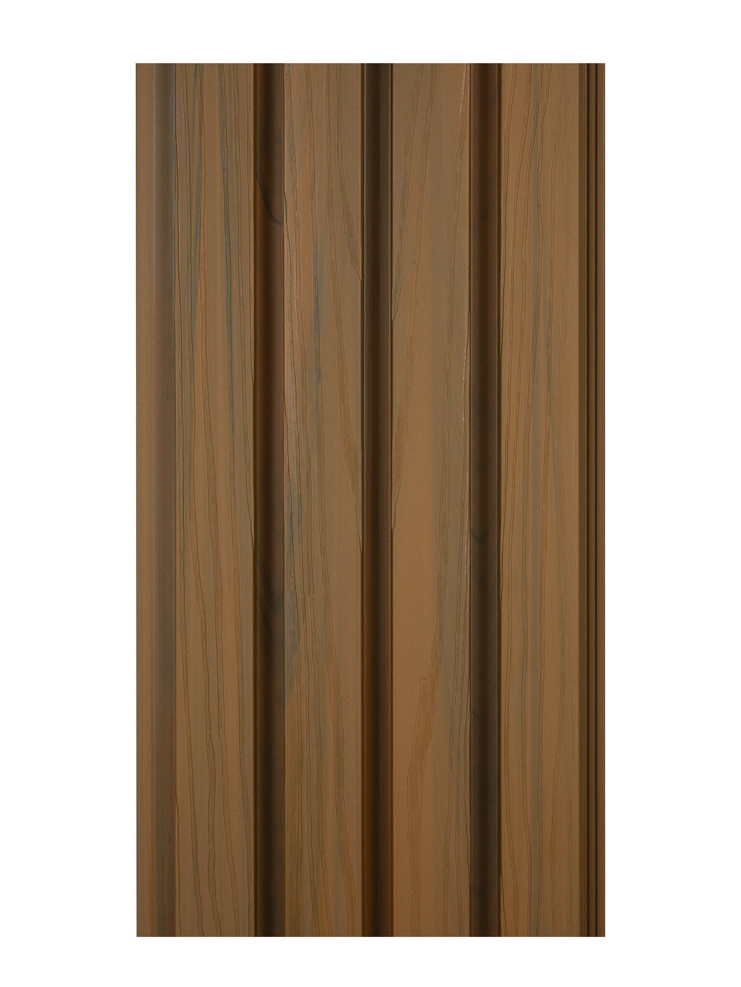 Brown composite wide exterior cladding with vertical wood grain texture