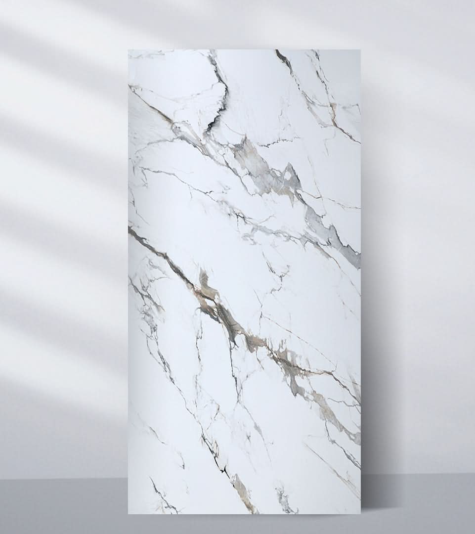 Moonlit Vein white marble PVC wall panel with soft gray and gold natural veining Main image