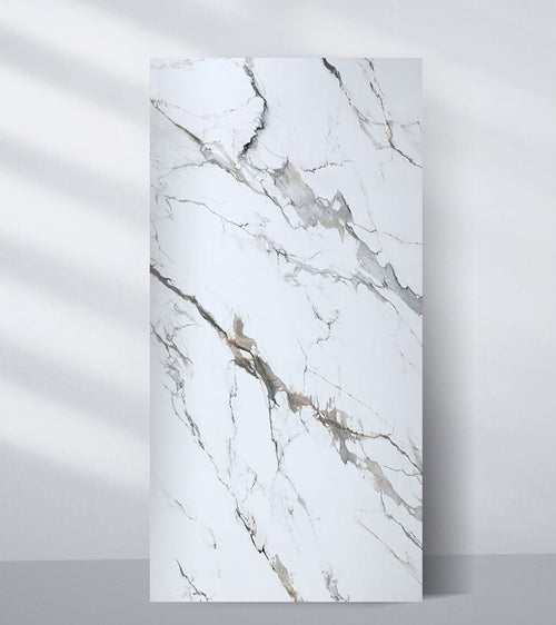 Moonlit Vein white marble PVC wall panel with soft gray and gold natural veining