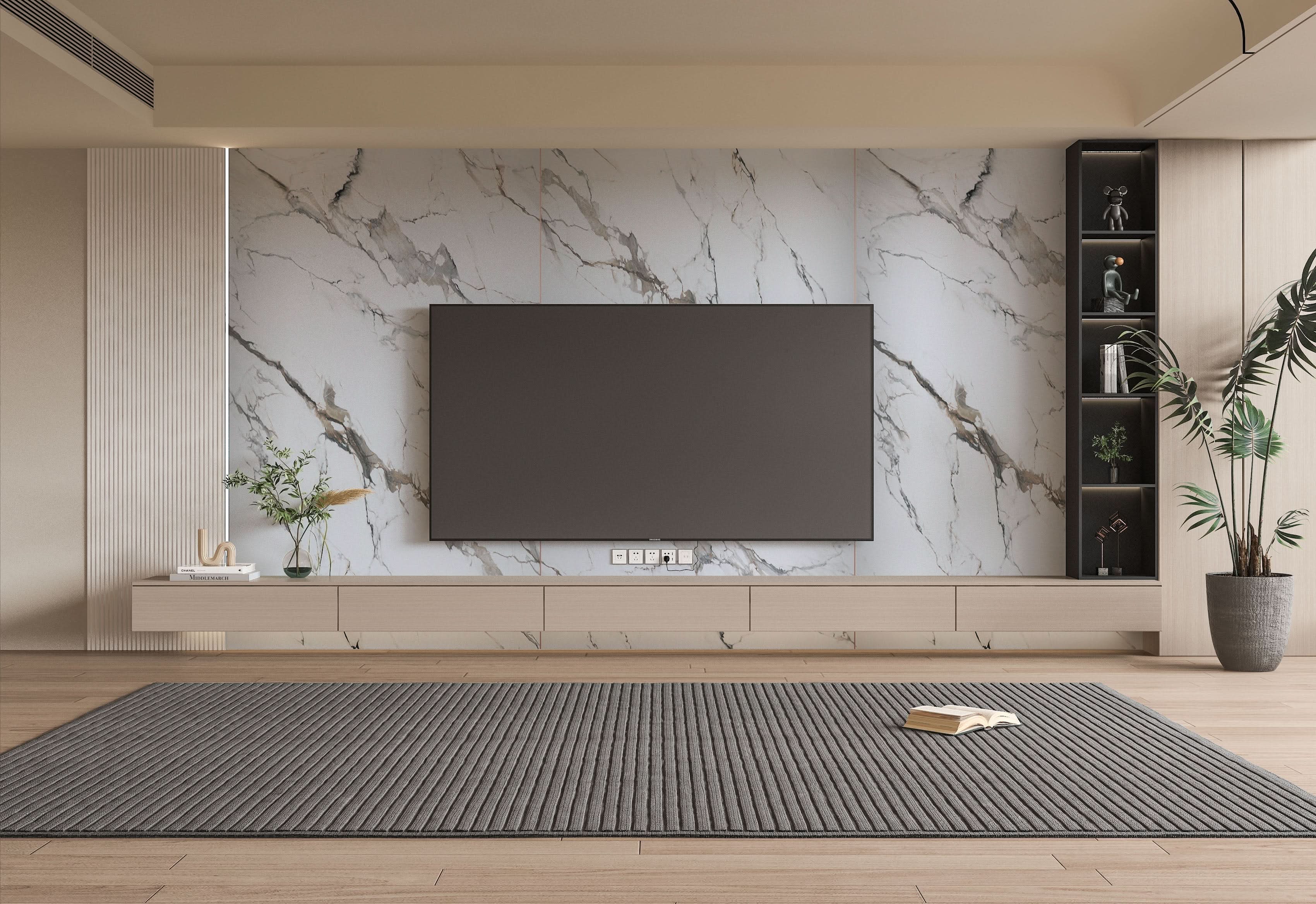 Moonlit Vein white marble PVC TV wall panel with soft gray and gold veining