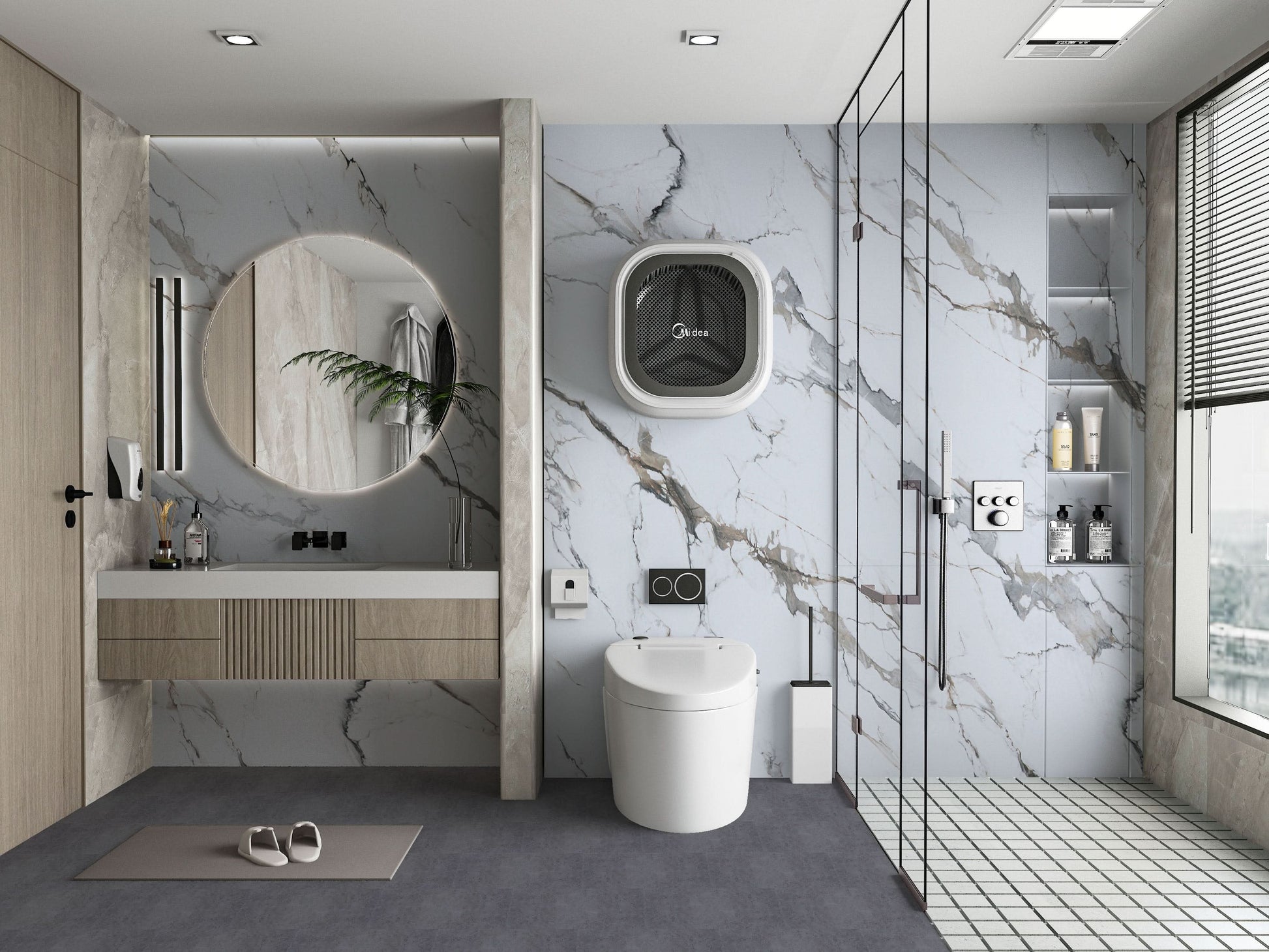Moonlit Vein white marble PVC wall panels with soft gray and gold veining in modern bathroom