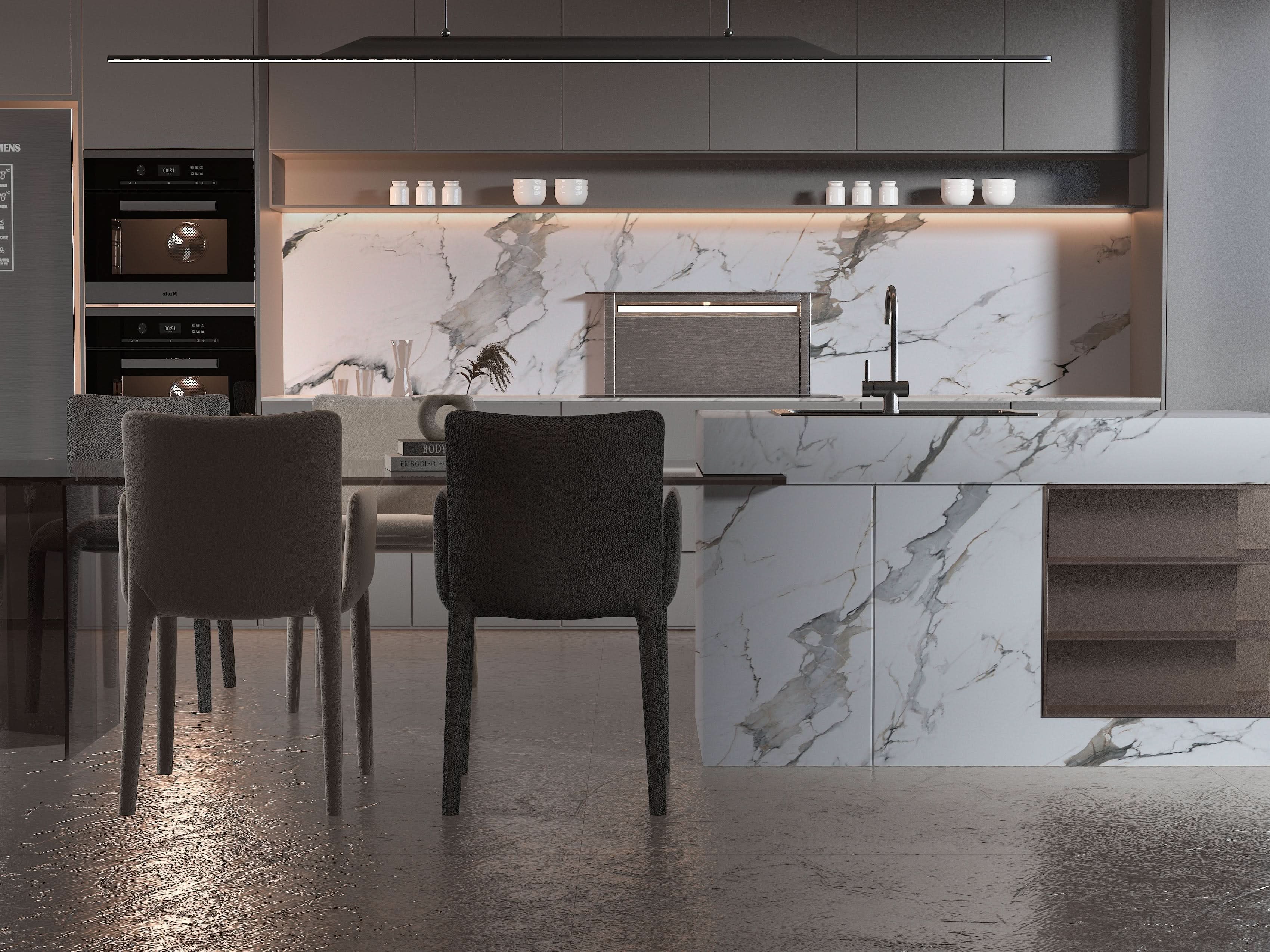 Moonlit Vein white marble PVC backsplash and waterfall island panels