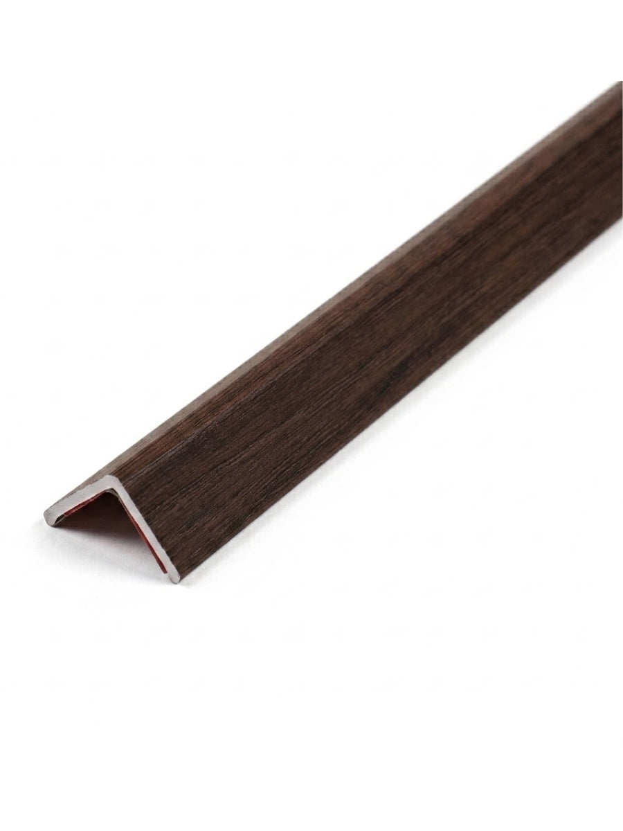 Rich brown wood-grain angled trim for acoustic and fluted wall panels