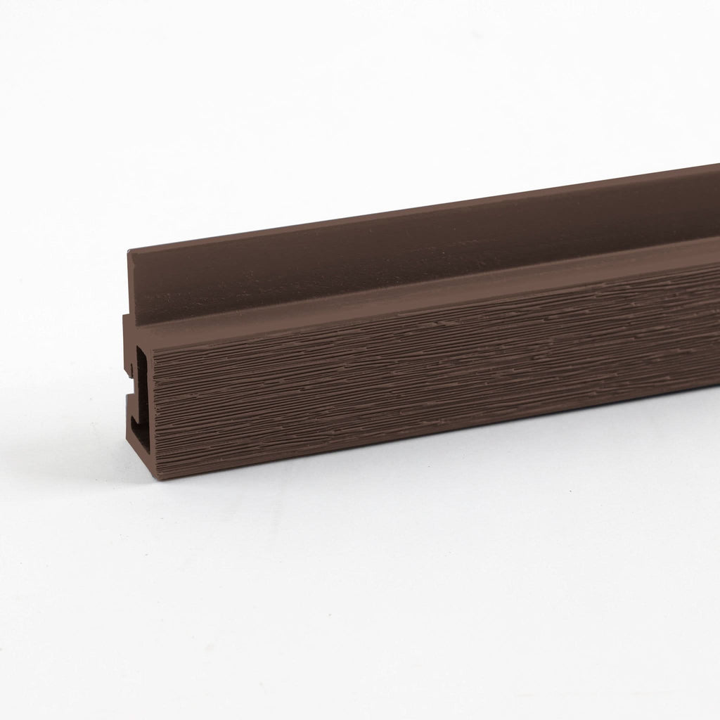 Dark brown composite trim profile with wood grain texture and integrated mounting channel