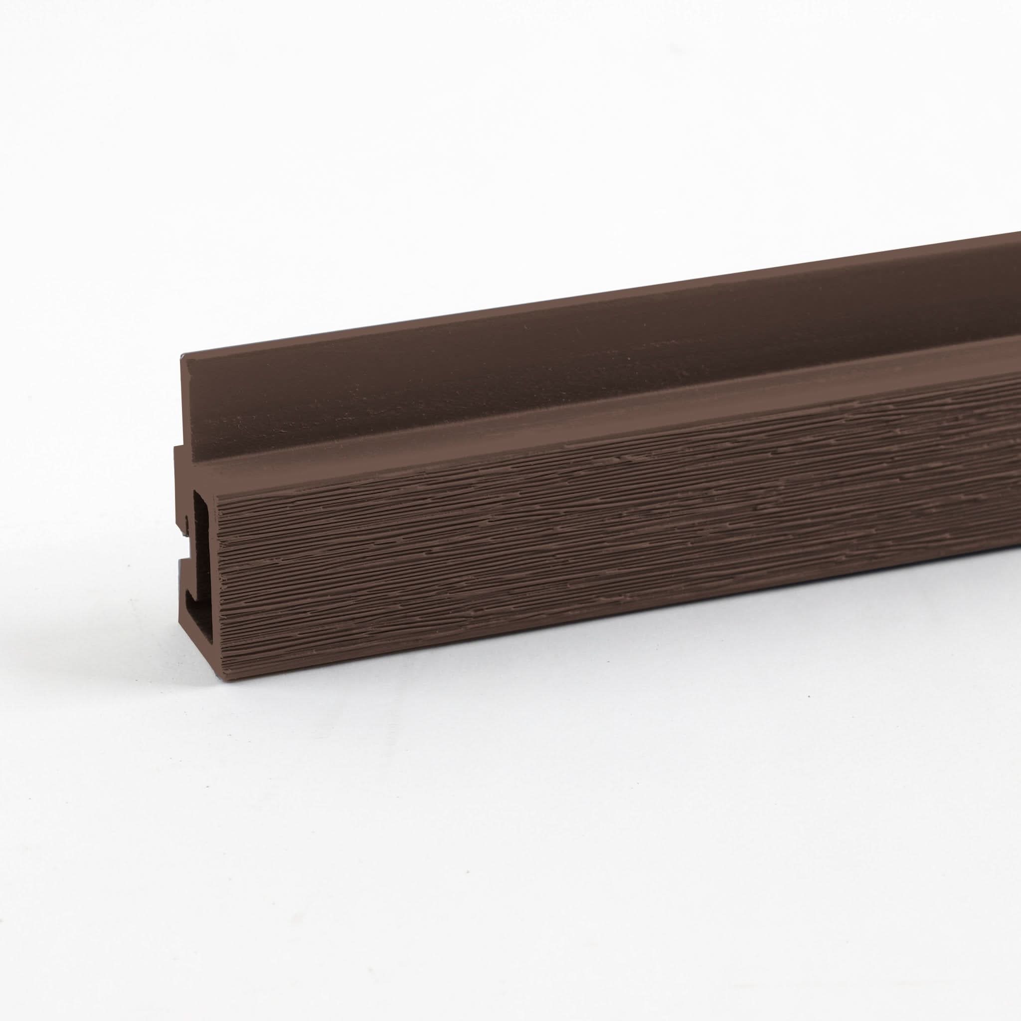 Dark brown composite trim profile with wood grain texture and integrated mounting channel