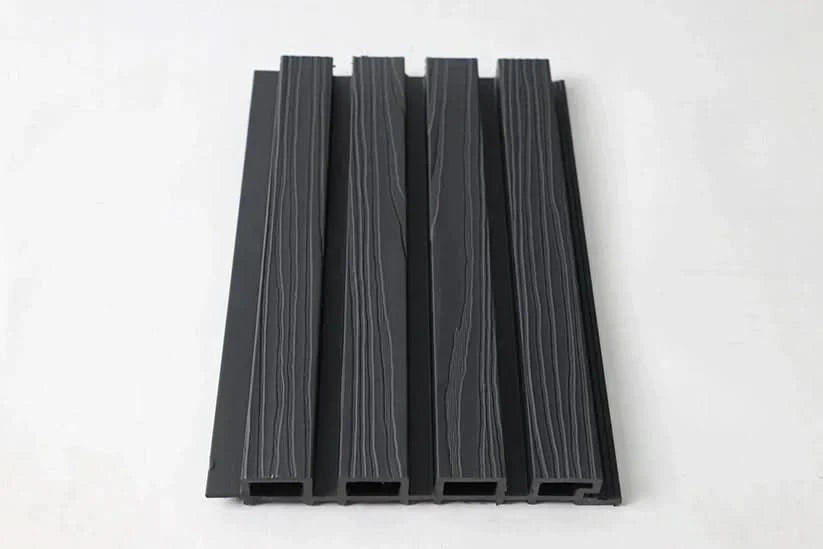 Dark gray composite wide exterior cladding panel with wood grain texture
