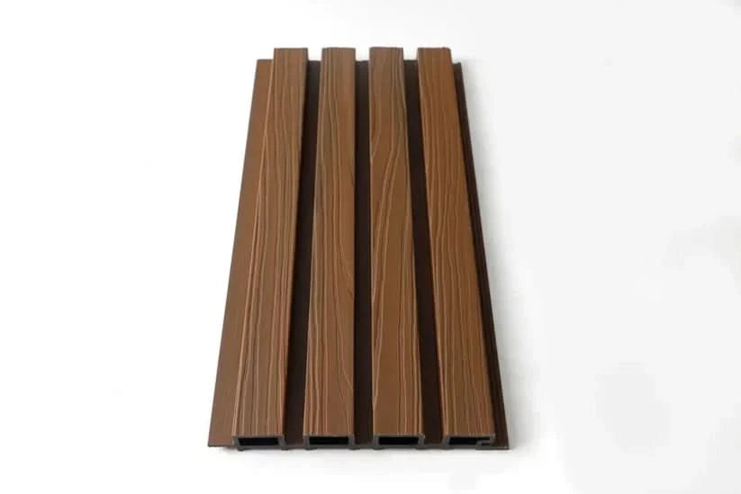 Brown composite wide exterior cladding panel with wood grain texture