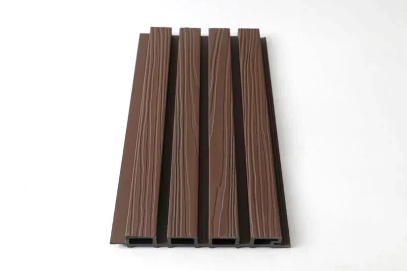 Brown WPC fluted wall panel with vertical wood grain slats