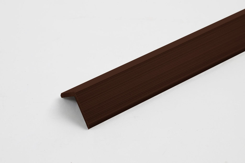 Brown WPC L trim for fluted wall panels on white background