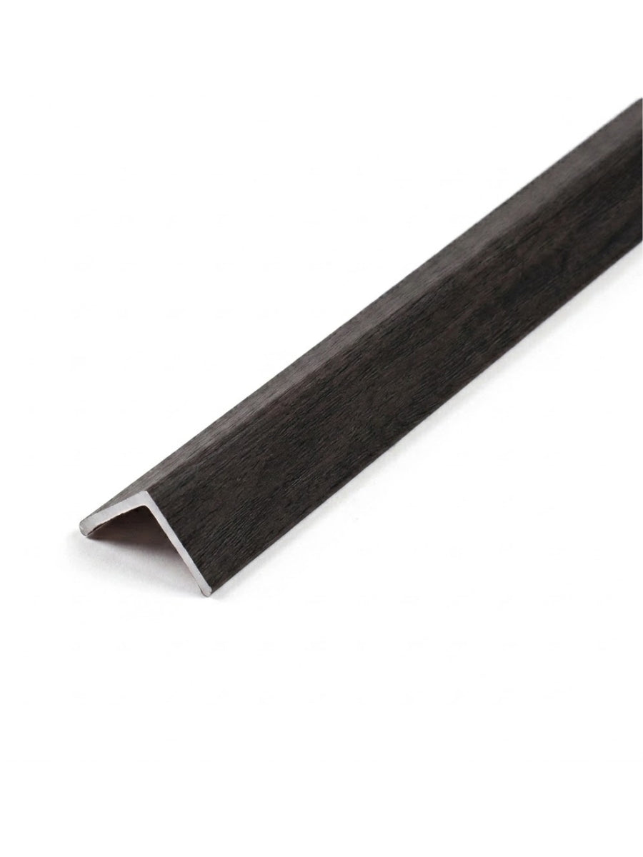 Dark brown wood-look corner trim for acoustic and fluted wall panels