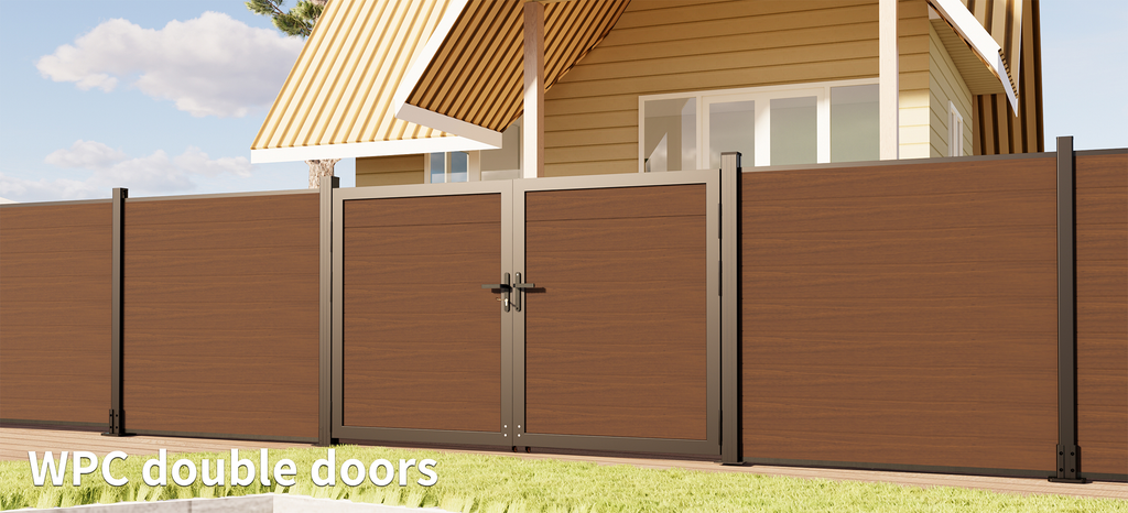 WPC double gate with wood-look composite panels and black aluminum frame installed on residential fence