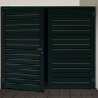 Black aluminum louvered double fence gate with horizontal slat design