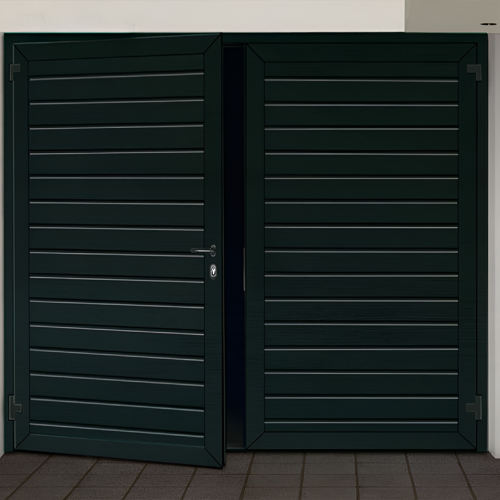 Black aluminum louvered double fence gate with horizontal slat design