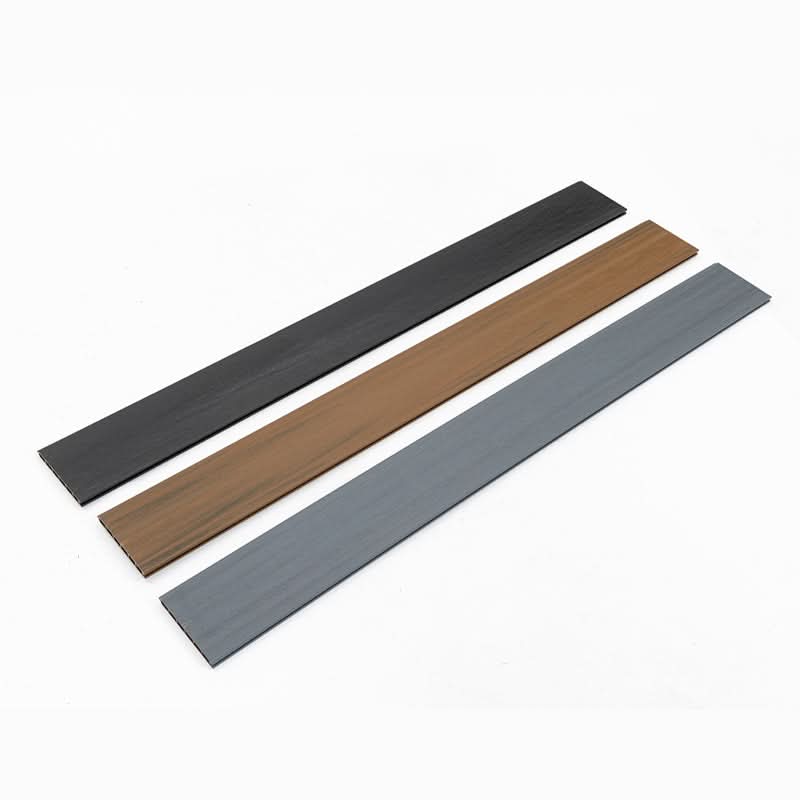 Composite fence panel color samples in black, brown, and gray wood-grain finishes Main image