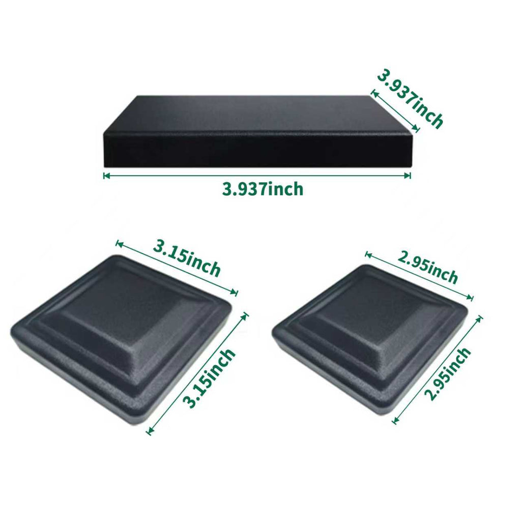 Black aluminum fence post caps in 3.937-inch, 3.15-inch, and 2.95-inch sizes