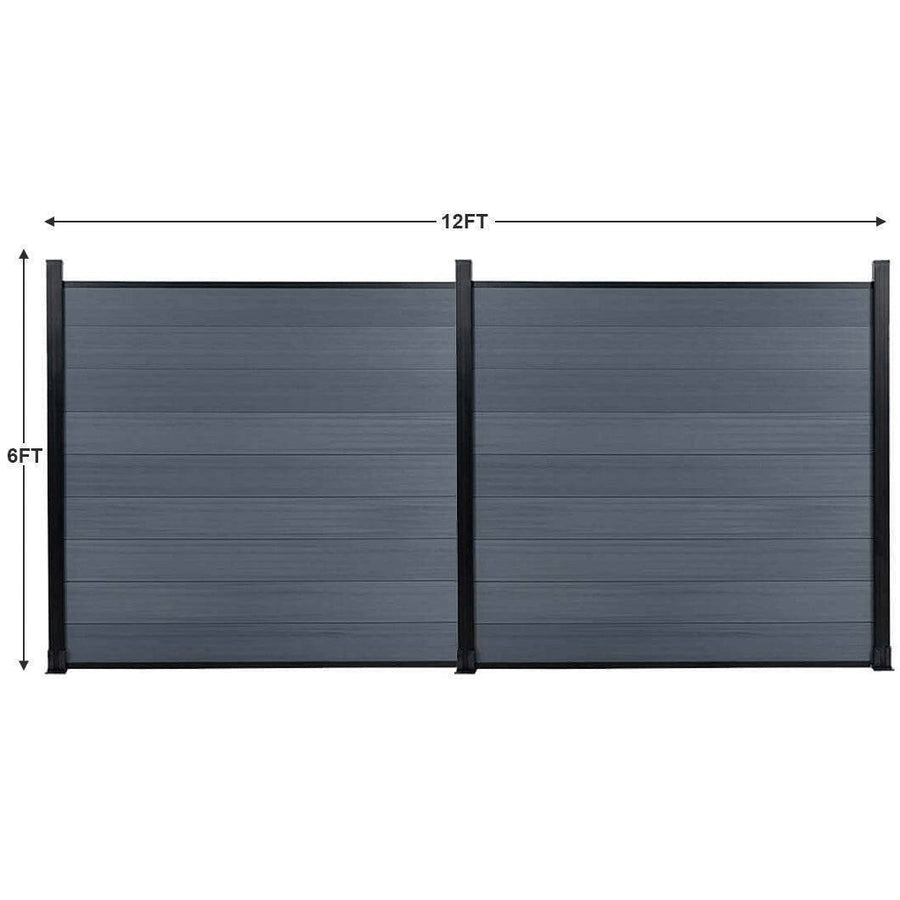 Two light gray composite fence panels measuring 12 feet wide by 6 feet high overall