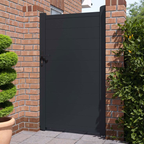 Black composite single fence gate with aluminum frame installed between brick pillars