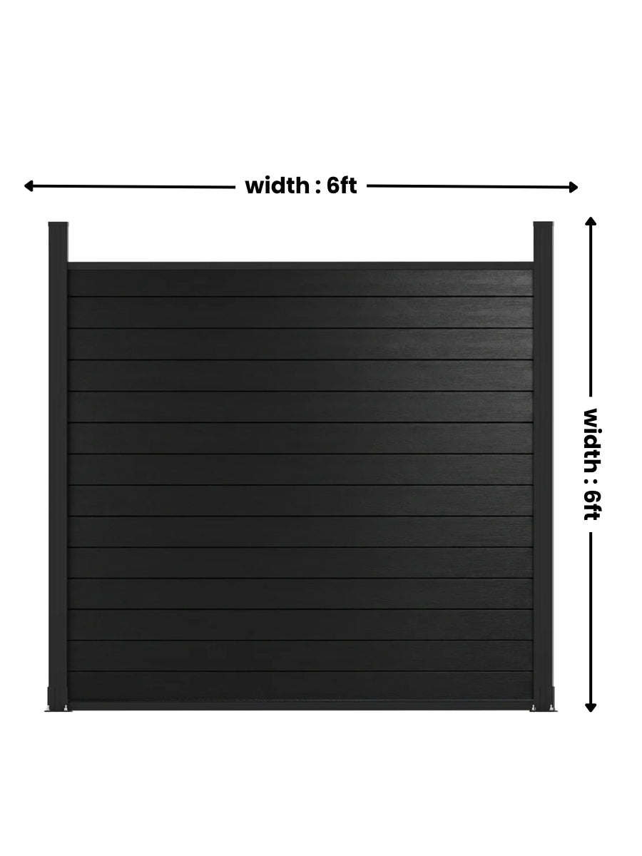 Black aluminum privacy fence panel with horizontal slats, shown with 6-foot width and height dimensions