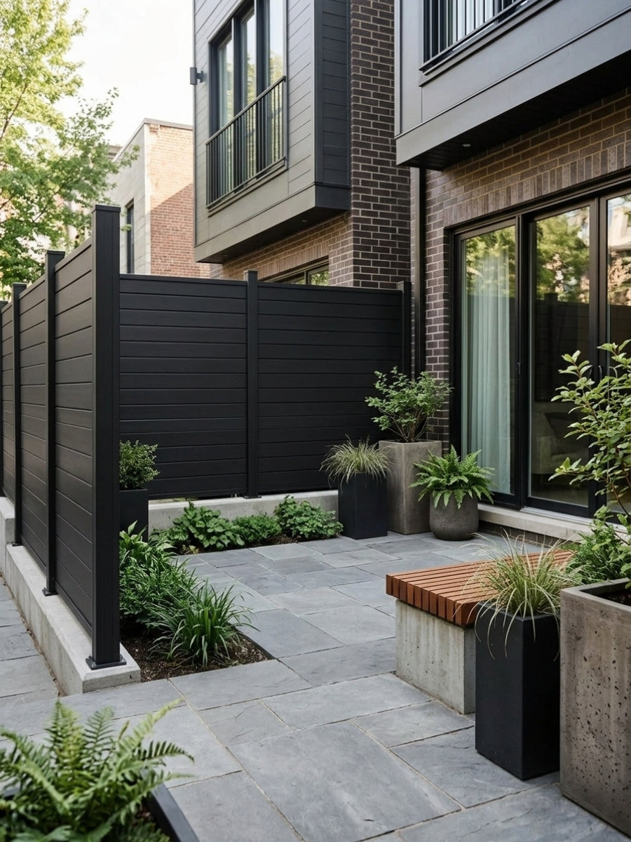 Black aluminum privacy fence installed around a modern paved courtyard with planters