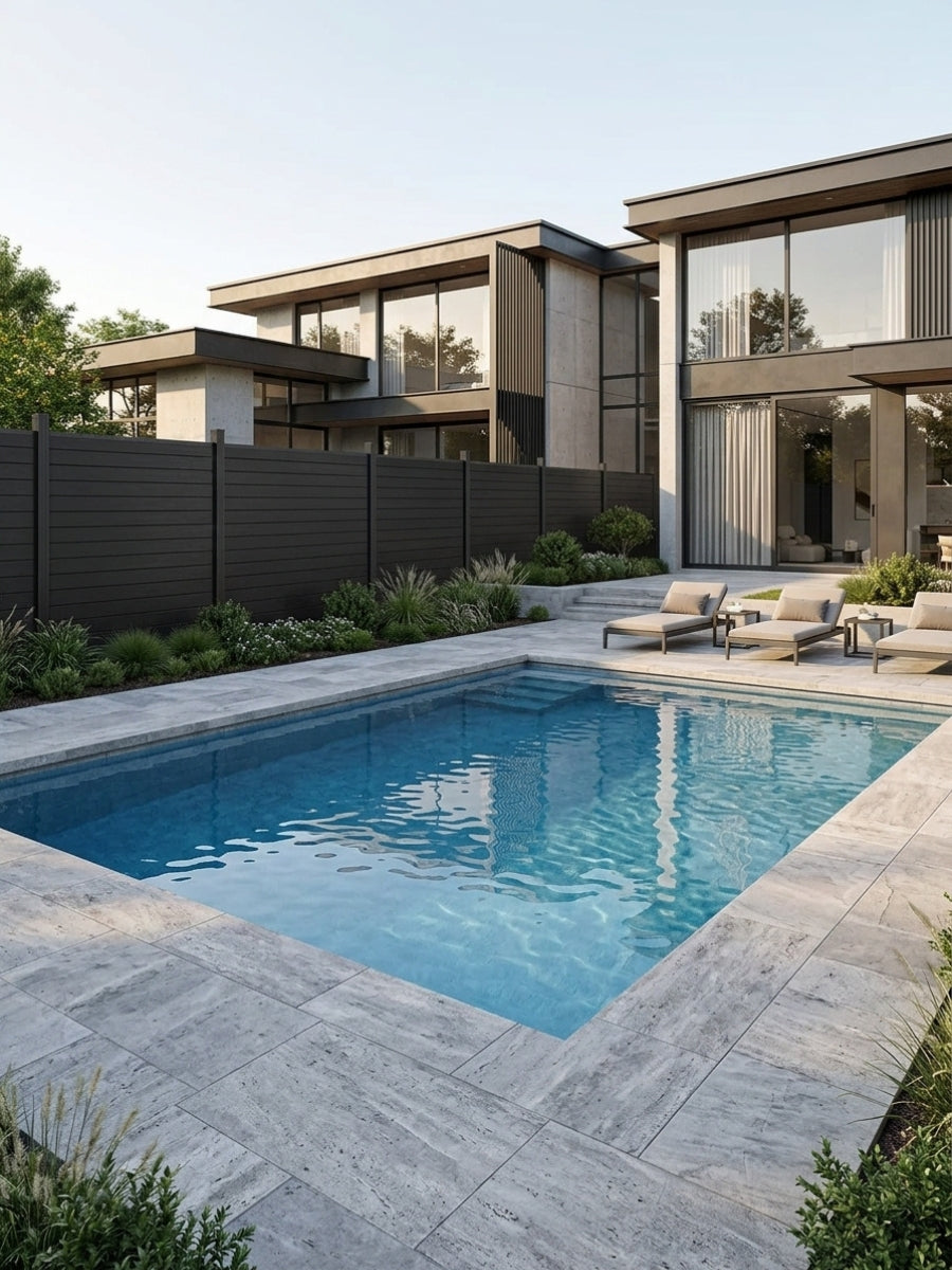 Black horizontal aluminum fence enclosing a landscaped backyard swimming pool
