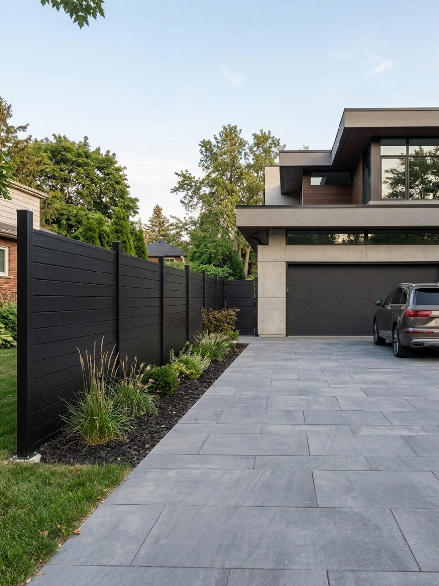 Black aluminum privacy fence lining a landscaped driveway beside a modern home