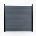 Light gray composite fence panel with stacked horizontal boards and black framing