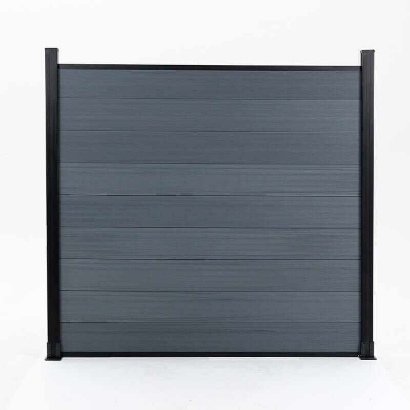 Light gray composite fence panel with stacked horizontal boards and black framing