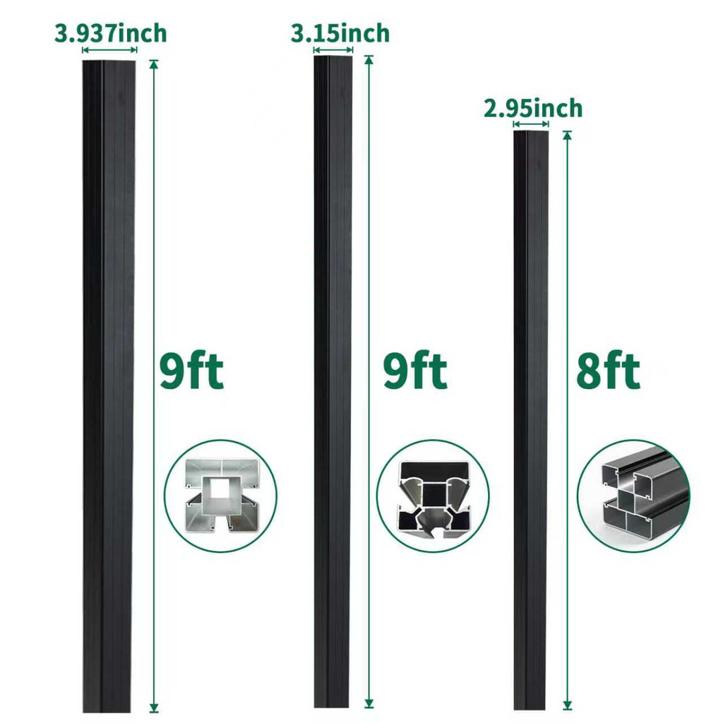 Black aluminum fence posts showing 9ft posts in 3.937-inch and 3.15-inch widths and an 8ft post in 2.95-inch width