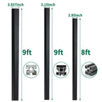 Black aluminum fence posts showing 9ft posts in 3.937-inch and 3.15-inch widths and an 8ft post in 2.95-inch width