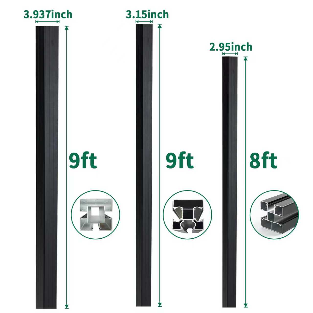 Black aluminum fence posts showing 9ft posts in 3.937-inch and 3.15-inch widths and an 8ft post in 2.95-inch width